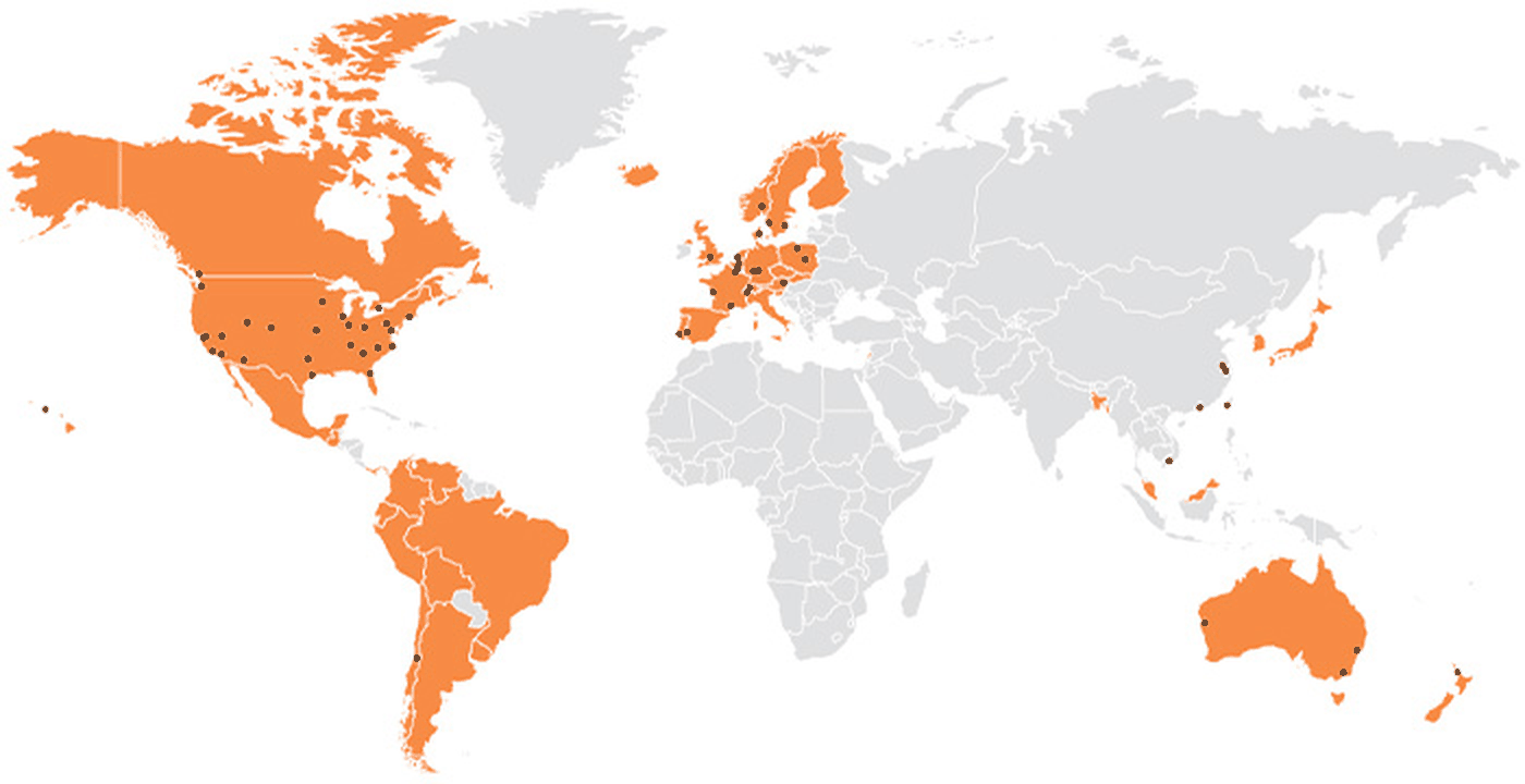 World map highlighting PandaSofa recliner export markets — North America, Europe, the Middle East, Asia-Pacific and Australia