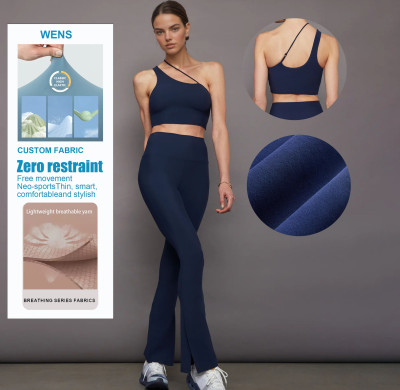 Custom Buttery Soft One Shoulder Convertible Bra Top for Gym split flare below Yoga Pant Recycled Fabric Eco-Friendly Yoga Set