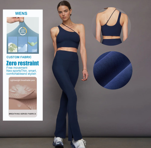 Custom Buttery Soft One Shoulder Convertible Bra Top for Gym split flare below Yoga Pant Recycled Fabric Eco-Friendly Yoga Set