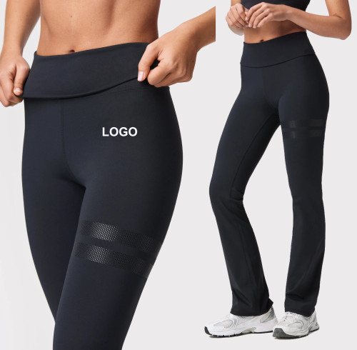 Custom High Elastic Breathable Fold Over Flared Leggings Waistline Functional Fabric Sweat-wicking Quick-drying Elastic Waist Yoga Pants