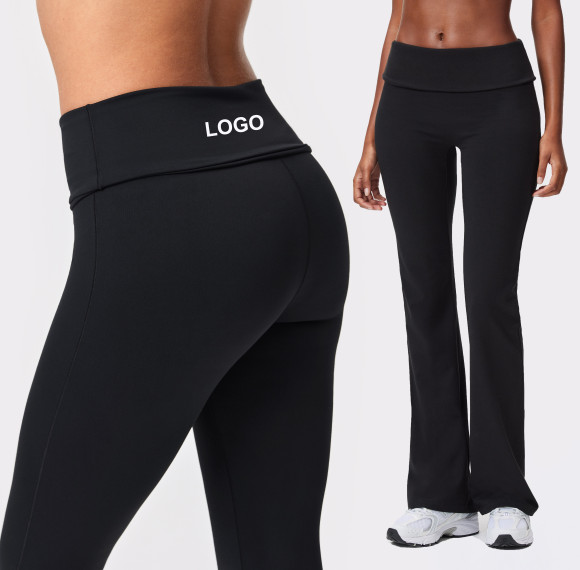 Custom High Elastic Breathable Fold Over Flared Leggings Waistline Functional Fabric Sweat-wicking Quick-drying Elastic Waist Yoga Pants