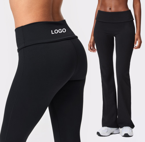 Custom High Elastic Breathable Fold Over Flared Leggings Waistline Functional Fabric Sweat-wicking Quick-drying Elastic Waist Yoga Pants
