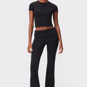 Custom High Elastic Breathable Fold Over Flared Leggings Waistline Functional Fabric Sweat-wicking Quick-drying Elastic Waist Yoga Pants