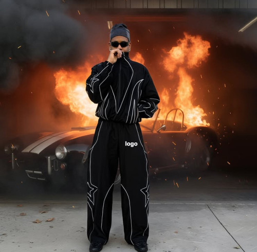 Custom Nylon Reflective Lightweight Highlighted Line Streetwear Track Suit 2 Piece Jacket and Pant Crinkle Nylon  Windbreaker Tracksuit