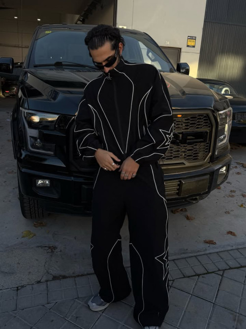Custom Nylon Reflective Lightweight Highlighted Line Streetwear Track Suit 2 Piece Jacket and Pant Crinkle Nylon  Windbreaker Tracksuit