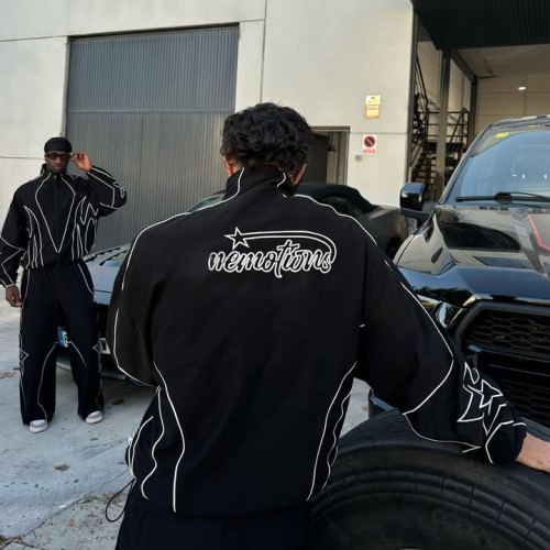 Custom Nylon Reflective Lightweight Highlighted Line Streetwear Track Suit 2 Piece Jacket and Pant Crinkle Nylon  Windbreaker Tracksuit