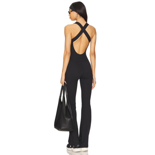 Women's Backless Wide Leg Yoga Fitness Jumpsuit Hollow Design Spandex/Nylon Material Breathable Four-Way Stretch Quick Dry