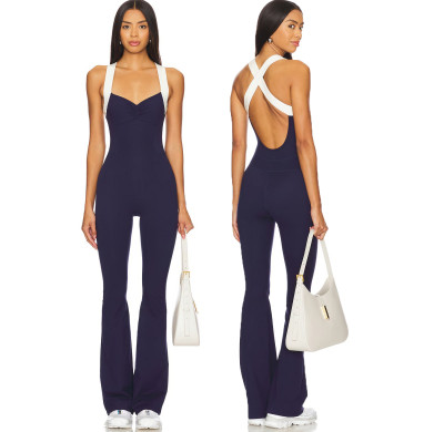 Women's Backless Wide Leg Yoga Fitness Jumpsuit Hollow Design Spandex/Nylon Material Breathable Four-Way Stretch Quick Dry