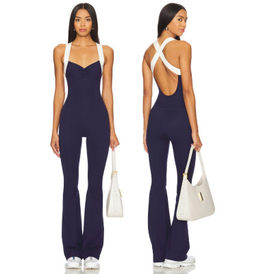 Women's Backless Wide Leg Yoga Fitness Jumpsuit Hollow Design Spandex/Nylon Material Breathable Four-Way Stretch Quick Dry