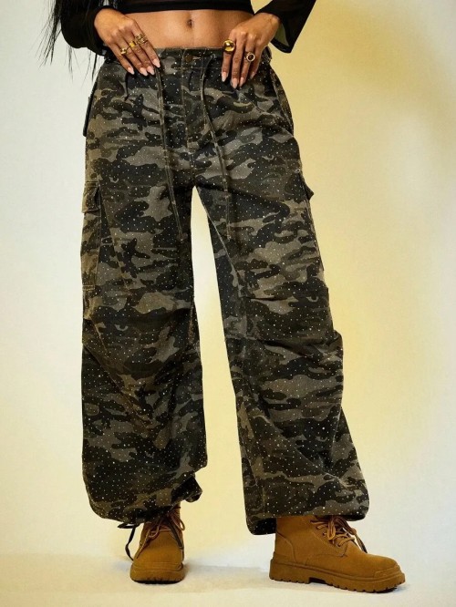 Women's Retro Hip-Hop Style Straight-Leg Sweatpants Casual Grey Pants & Trousers Women's Camo Cargo Denim Trousers