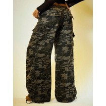 Women's Retro Hip-Hop Style Straight-Leg Sweatpants Casual Grey Pants & Trousers Women's Camo Cargo Denim Trousers