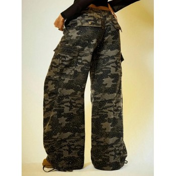 Women's Retro Hip-Hop Style Straight-Leg Sweatpants Casual Grey Pants & Trousers Women's Camo Cargo Denim Trousers