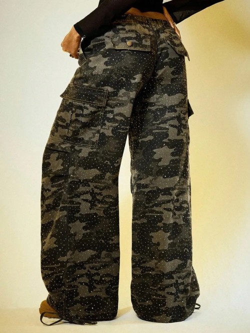 Women's Retro Hip-Hop Style Straight-Leg Sweatpants Casual Grey Pants & Trousers Women's Camo Cargo Denim Trousers