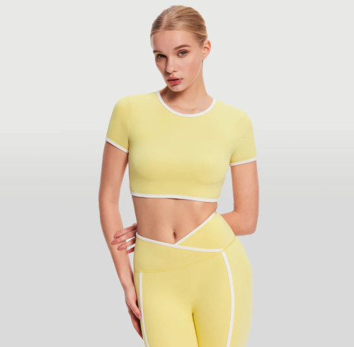 Custom Contrast sports fitness yoga bra Square Neck Tight Slim Short  Sleeve Traning Top Quick Dry Activewear  Yoga Clothing