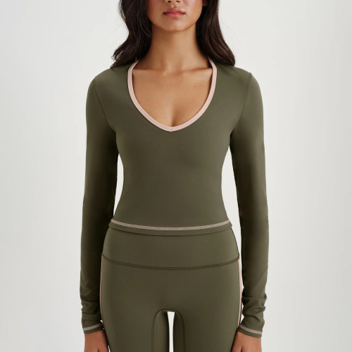 Custom Contrast sports fitness Yoga Top Square Neck Tight Slim Long Sleeve Traning Top