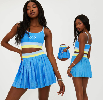 Spring and Summer New Style Striped Elastic Waistband Sports High-Waisted Slimming Fitness Pants Tennis Skirt Set