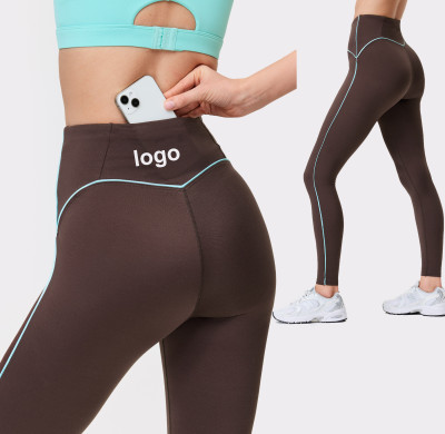 Custom Breathable Brown Piping Leggings Sweat-wicking Quick-drying Elastic Waist Hidden Back Pocket Yoga Pants