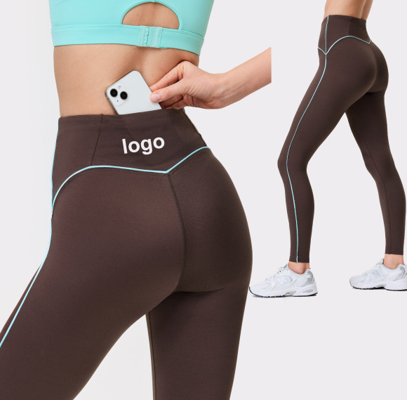 Custom Breathable Brown Piping Leggings Sweat-wicking Quick-drying Elastic Waist Hidden Back Pocket Yoga Pants