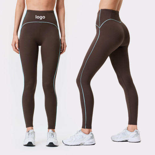 Custom Breathable Brown Piping Leggings Sweat-wicking Quick-drying Elastic Waist Hidden Back Pocket Yoga Pants