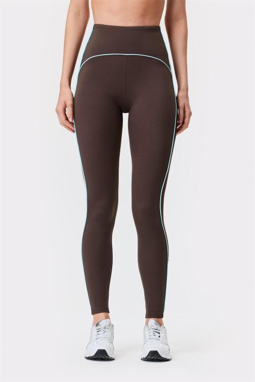 Custom Breathable Brown Piping Leggings Sweat-wicking Quick-drying Elastic Waist Hidden Back Pocket Yoga Pants