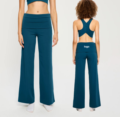 Custom High Elastic Breathable Fold Over Flared Leggings Waistline Functional Fabric Sweat-wicking Quick-drying Elastic Waist Yoga Pants