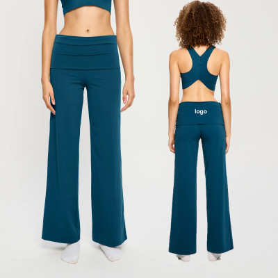 Custom High Elastic Breathable Fold Over Flared Waistline Functional Fabric Yoga Pants