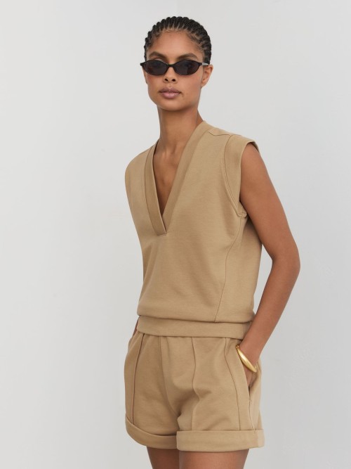 Custom Sleeveless V-Neck Sweat Top Tan | Womens Sportswear Factory
