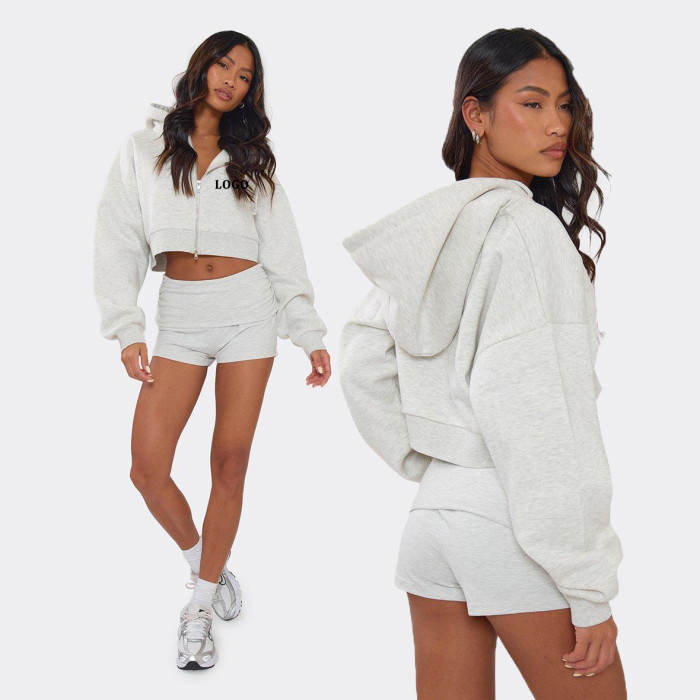 Custom Cloud Fleece Cropped Hoodie Breathable Spring Workout  Sweatshirts Cotton Shorts