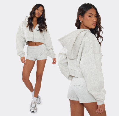 Custom Cloud Fleece Cropped Hoodie Breathable Spring Workout Sweatshirts Cotton Shorts