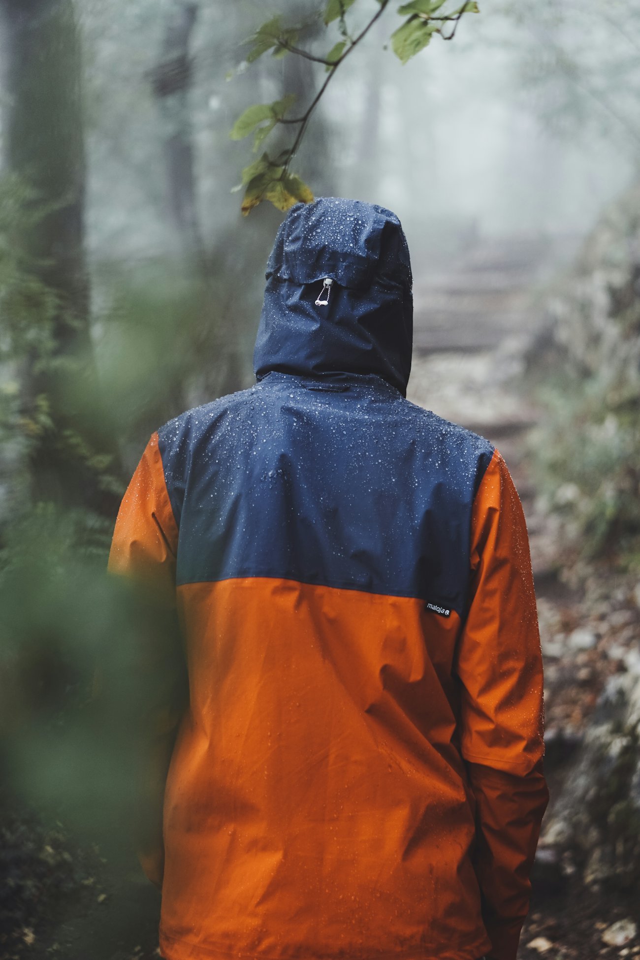 Hiker wearing an orange and blue raincoat on a forest trail