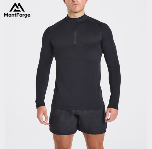 Custom Seamless 1/4 Zip Pullover Manufacturer  |  Fitness Long Sleeve Zip Up Men Sports T-Shirt  Supplier