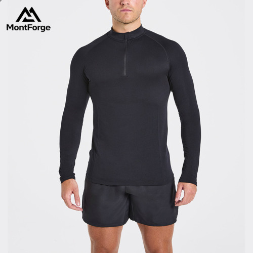 Custom Seamless 1/4 Zip Pullover Manufacturer  |  Fitness Long Sleeve Zip Up Men Sports T-Shirt  Supplier