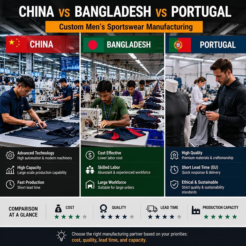 China vs Bangladesh vs Portugal for Custom Men's Sportswear Manufacturing: An Honest Comparison (2026)