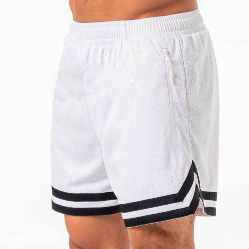 Custom Mens White Mesh Basketball Shorts Factory | Striped Hem Athletic Gym Shorts Supplier