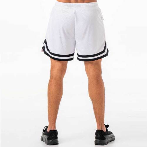 Custom Mens White Mesh Basketball Shorts Factory | Striped Hem Athletic Gym Shorts Supplier