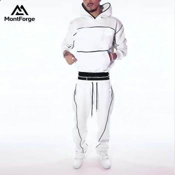 Custom Black Piping White Hoodie Tracksuit Manufacturer | Factory Men Fleece Streetwear Sweat Suit