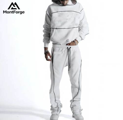 Custom Black Piping White Hoodie Tracksuit Manufacturer | Factory Men Fleece Streetwear Sweat Suit