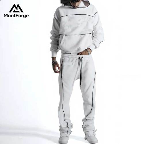Custom Black Piping White Hoodie Tracksuit Manufacturer | Factory Men Fleece Streetwear Sweat Suit