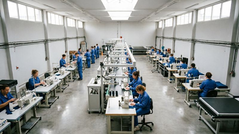 Modern sportswear manufacturing factory with advanced cutting and assembly line