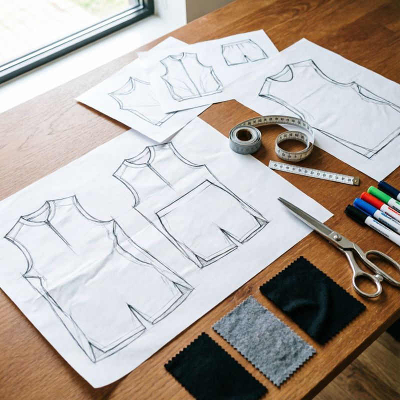 Sportswear pattern making desk with CAD patterns and fabric samples