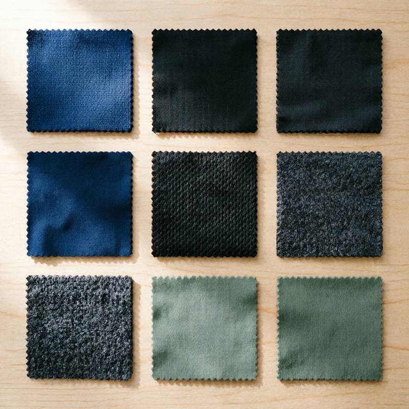 Performance sportswear fabric swatches — polyester, nylon, spandex blends