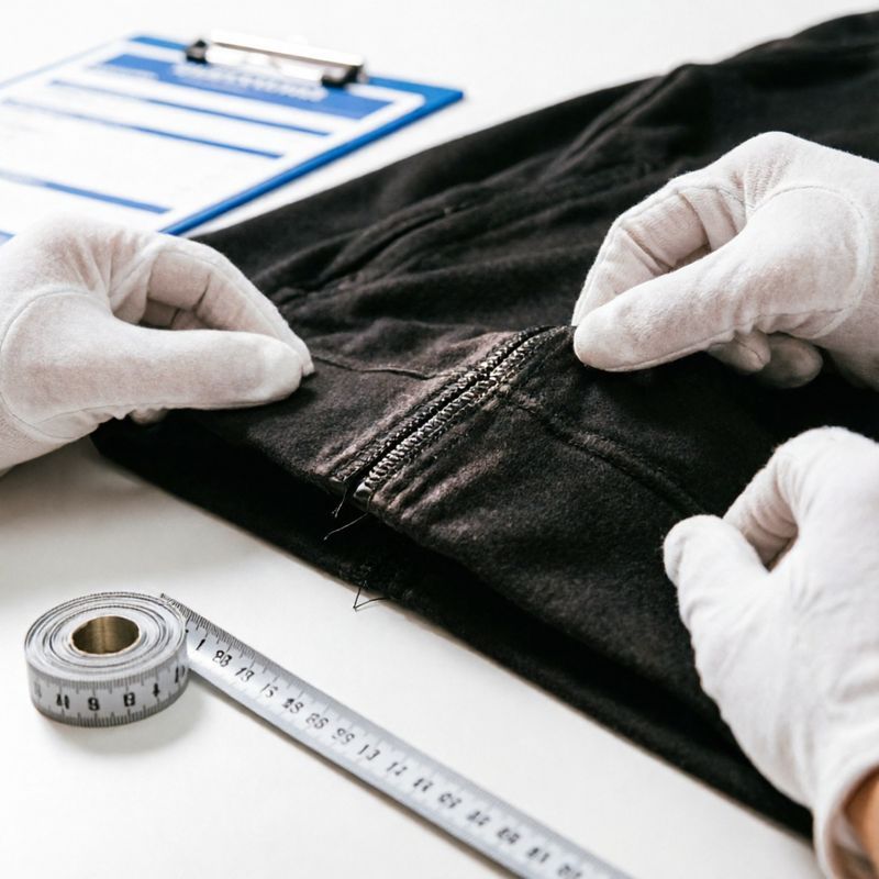Quality control inspection in sportswear factory with inspector checking garments