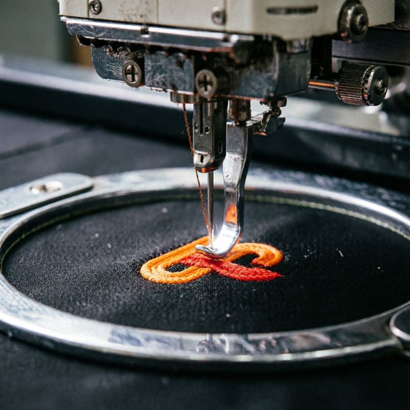 Custom branding techniques — embroidery machine stitching logo on sportswear fabric