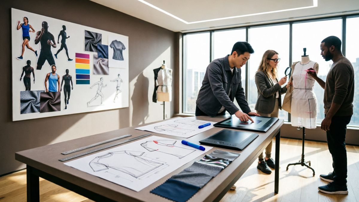 Young Chinese designer examining sportswear fabric swatches and color cards in a bright design studio with sketches on the wall