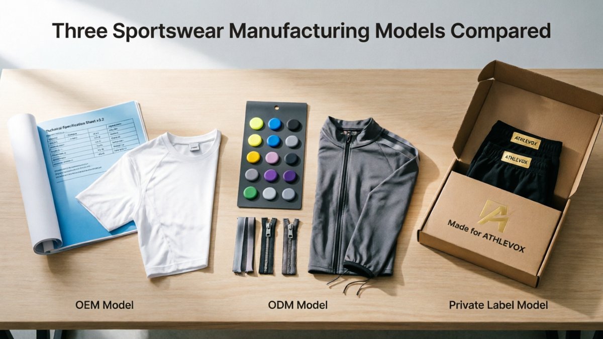 Young professionals comparing OEM, ODM, and Private Label sportswear manufacturing options in a modern factory office with fabric samples on the table