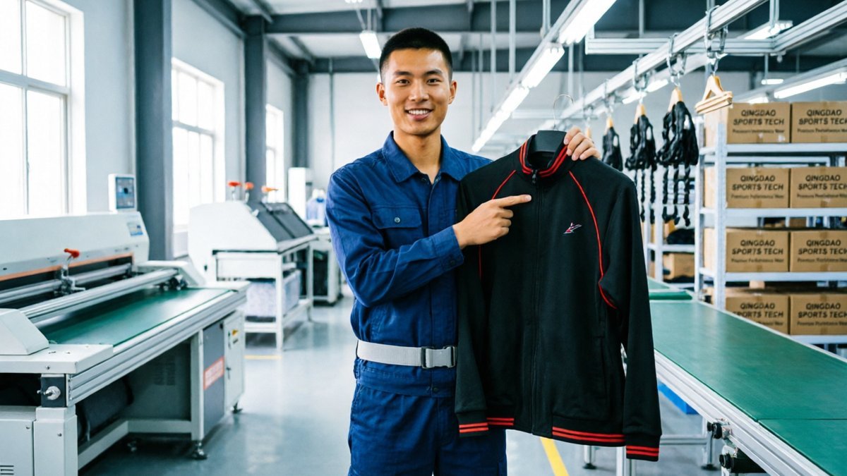 Premium men sportswear collection display — athletic training joggers and performance hoodie in professional studio lighting