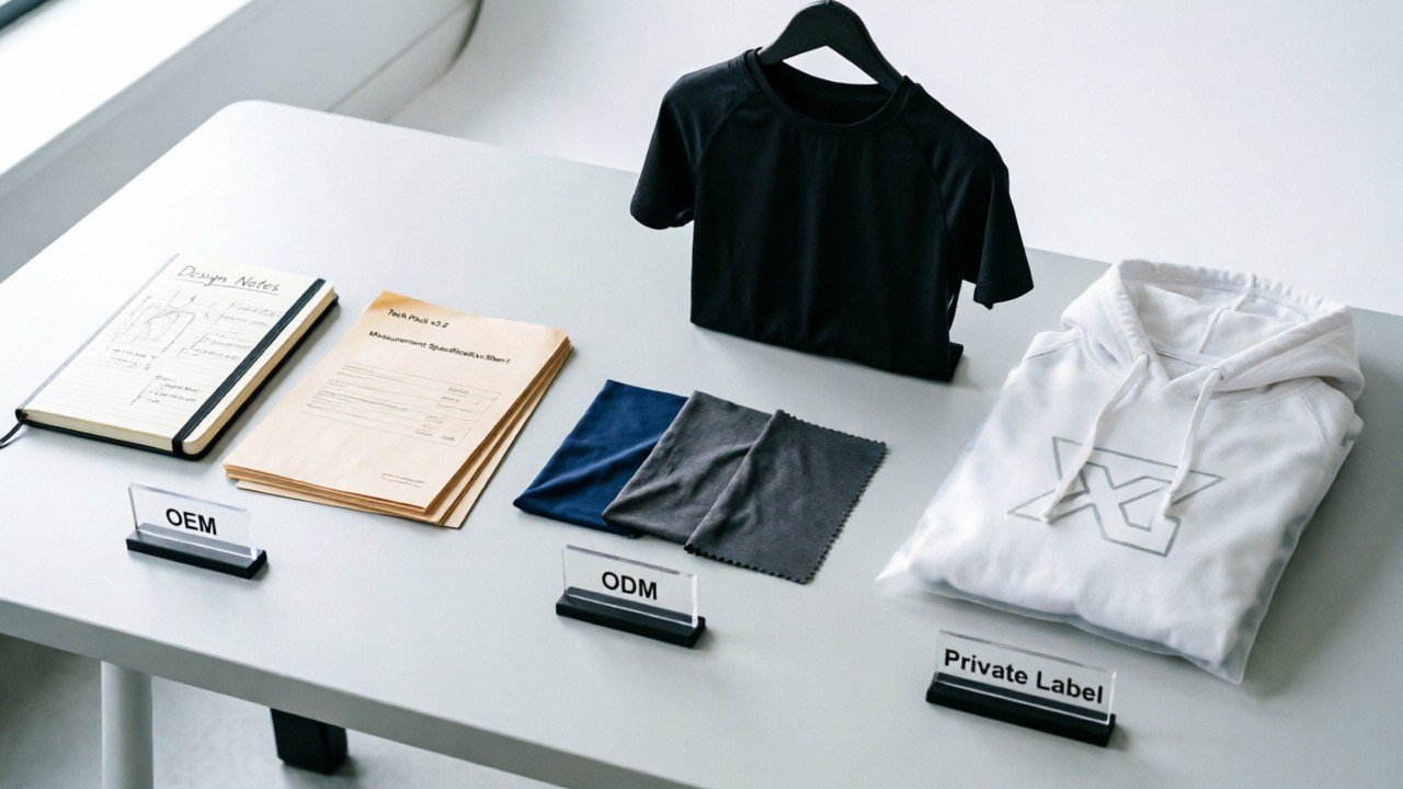 Young professionals comparing OEM, ODM, and Private Label sportswear manufacturing options in a modern factory office with fabric samples on the table