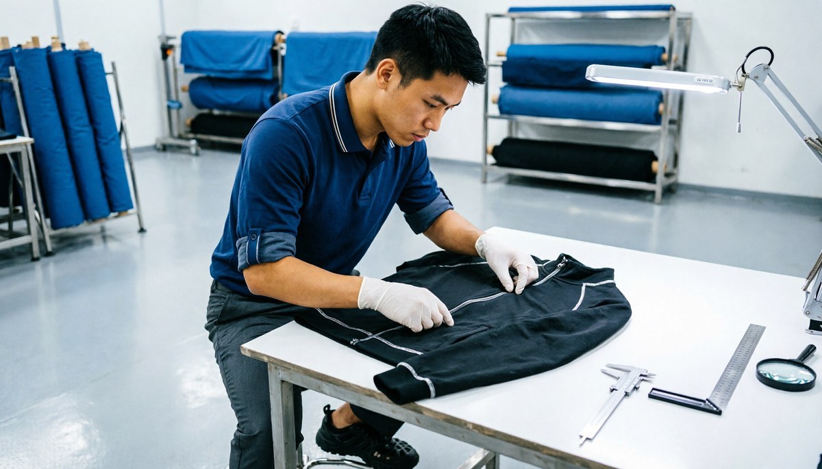 Young Chinese quality inspector carefully checking stitching quality on a premium athletic training jacket
