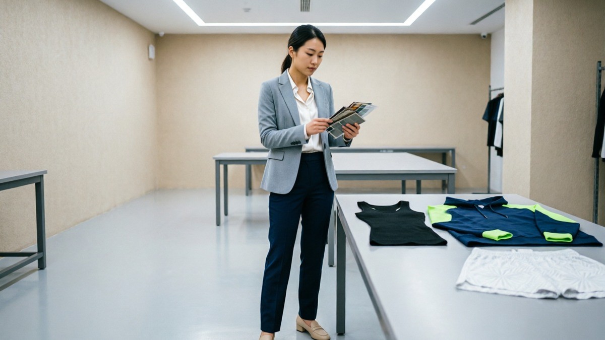 Young entrepreneur selecting fabric swatches for sportswear startup
