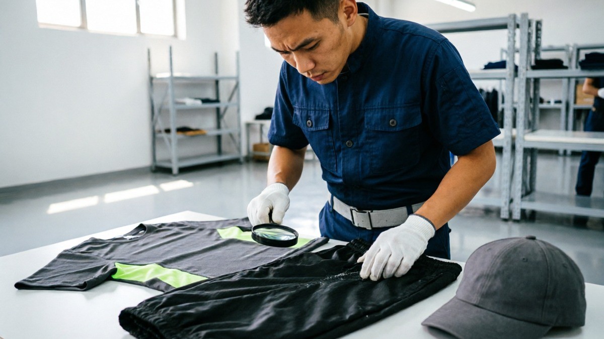 Factory worker inspecting small batch sportswear quality